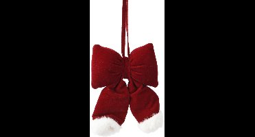 Decoris - Kerstdecoratie Strik Fluweel met Pompons - bloedrood/Wit - 26cm - Hangdecoratie