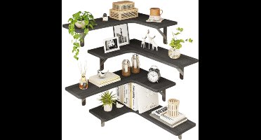 Wandplank - Houten Plank Wandmontage - Hoekrek Display Decor - Hoekplank - Organizer voor Slaapkamer Keuken Badkamer - Zwart