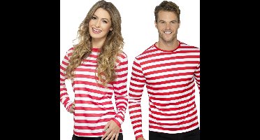 Smiffy's Gestreept t-shirt - wit/rood - lange mouwen - volwassenen - waar is wally - piraten thema 48/50