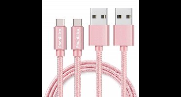 2x USB C naar USB A Nylon Gevlochten Kabel Roze - 1 meter - Oplaadkabel voor Oppo Reno 13 F 5G / Reno 13 5G / Reno 12 FS 5G / Reno 12 F 5G / Reno 8 Lite 5G / Reno 8 5G