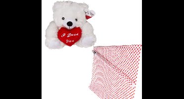 Valentijn cadeaupakket - knuffelbeer en inpakpapier - hartjes - valentijnsdag - cadeau