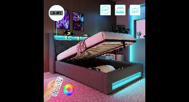 Linnen Gestoffeerd Bed 90x200 cm - Eenpersoonsbed - Met Hydraulische Hendel - Opbergbed - Jongerenbed - Jeugdbed - Bedframe met Led Verlichting - Met Stopcontacten - USB -Type C - Eenvoudige Montage - Grijs