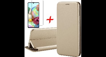 Hoesje geschikt voor Samsung Galaxy A71 - Screen Protector GlassGuard - Book Case Kunstleer ThinShield Goud & Screenprotector