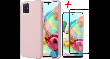 Hoesje geschikt voor Samsung A71 en Screenprotector - Liquid Siliconen Case Roze + Screenprotector Full