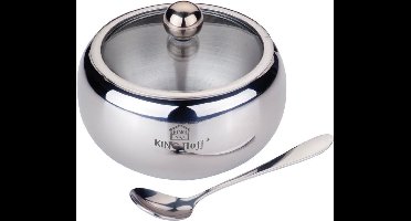 Kinghoff Roestvrijstalen Suikerpot - 460 ml met Glazen Deksel en Lepel - Satijn Afwerking