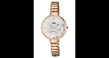 Q&Q F611J021Y - Horloge - Analoog - Vrouwen - Dames - Stalen band - Rond - Staal - Rosékleurig - Bloemenprint