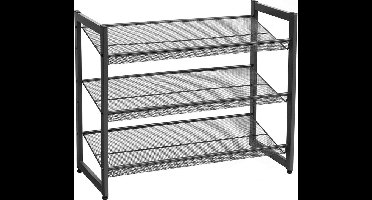 Metalen Schoenenrek, met 3 Niveaus, Meshrek, Verstelbare Legplank, Plat of Schuine Planken, Stapelbaar Opbergrek, 74 x 62,8 x 30,7 cm, Zwart