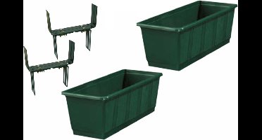 Set van 4 kunststof plantenbakken donkergroen rechthoekig 60 cm met 8 verstelbare balkon/muurbeugels