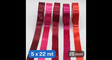 5 Rollen SATIJNLINT ENKELZIJDIG, Breedte 25MM, Mix ROOD (set E), Decoratie voor Bruiloft, Ceremonie, Feest, Verpakking, Cadeau, Verjaardag en Boeket Bloemen