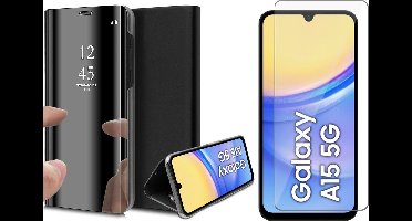 Hoesje geschikt voor Samsung Galaxy A15 - Screenprotector Glas - Spiegel Book Case Zwart