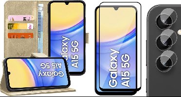 Hoesje geschikt voor Samsung Galaxy A15 - Screenprotector Volledig Dekkend Glas & Camera - Portemonnee Book Case Goud