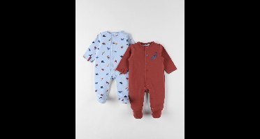 Noukie's - 2 pack - Pyjama - Jongens - Dino ' - 1x print all over , 1x effen met kleine dino - 12 maand 80