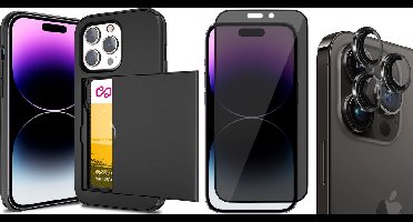 Hoesje met Pasjeshouder geschikt voor iPhone 15 Pro - Privacy Screenprotector FullGuard & Camera Lens Screen Protector Zwart - Back Cover SlideCase Zwart