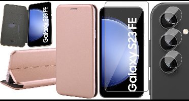 Hoesje geschikt voor Samsung Galaxy S23 FE - Screenprotector Glas & Camera - Wallet Book Case Rosegoud
