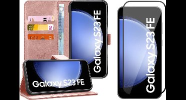 Hoesje geschikt voor Samsung Galaxy S23 FE - Screenprotector Volledig Dekkend Glas - Portemonnee Book Case Rosegoud