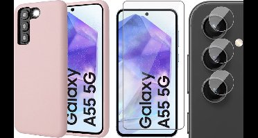Hoesje geschikt voor Samsung Galaxy A55 - Screenprotector Glas & Camera - Mat Back Case Roze