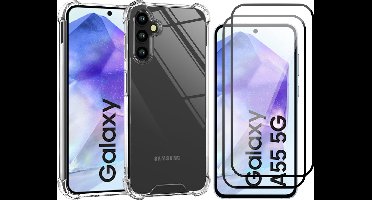 Hoesje geschikt voor Samsung Galaxy A55 - 2x Screenprotector Volledig Dekkend Glas - Shockproof Transparant