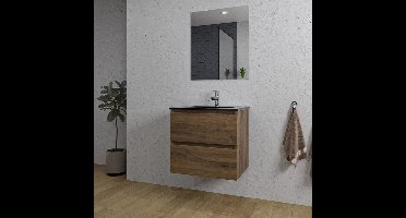 Saniclass Chaci Badkamermeubelset - 60x46x55cm - keramische wastafel zwart - 1 wasbak - 1 kraangat - 2 lades - rechthoekige spiegel - noten (hout)