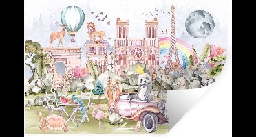 Muursticker kinderkamer Jungle - Kinder decoratie - Parijs - Regenboog - Kinderen - Roze - Meisjes - Dieren - Muursticker - Decoratie voor kinderkamers - 30x20 cm - Zelfklevend behangpapier - Stickerfolie