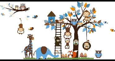 *** Kinderkamer Muurstickers - Creëer een wilde sfeer met onze Jungle Zoo muursticker - blauwe aap, olifant, giraffe, uil, vos, vogels, vogelhuisje, boom, takken, bladeren, paddestoelen en gras (186cm x 95cm) - van Heble® ***