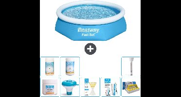 Bestway Rond Opblaasbaar Fast Set Zwembad - 244 x 61 cm - Blauw - Inclusief Chloor - Chloordrijver - Testrips - Reparatiesetje - Scrubborstel - PH-min - PH-plus - Thermometer