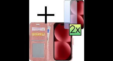 Hoesje - Met 2x Screenprotector - Geschikt voor Apple iPhone 15 Plus - Luxe Pasjeshouder - Bookcase Portemonee - Flip Case - Kunstleer Book Case - Flipcase Hoes - Book Cover - Walletcase - Portemonneehoes - Rosé goud