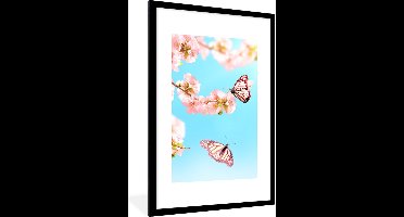 PosterMonkey - Poster - Vlinder - Bloemen - Bloesem takken - Natuur - Roze - Insecten - Fotolijst - Kader - Foto in lijst - 80x120 cm - Poster frame - Poster dieren - Muurdecoratie dieren