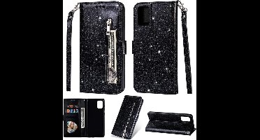 LuxeBass Hoesje geschikt voor Samsung Galaxy A41 Glitter Bookcase hoesje Portemonnee met rits - Zwart - telefoonhoes - gsm hoes - telefoonhoesjes
