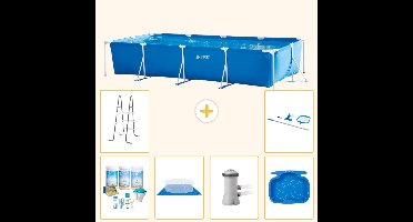 Intex Rechthoekig Frame Zwembad - 450 x 220 x 84 cm - Blauw - Inclusief Onderhoudspakket - Grondzeil - Zwembadfilterpomp - Voetenbad - Ladder - Schoonmaakset - 7-delig