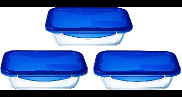 Pyrex - Cook & Go Lunchbox met Deksel 800 ml Set van 3 Stuks - Transparant/Blauw