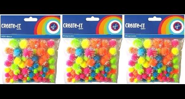 Knutsel pompoms neon gekleurd met glitters - 225x - 0,8 tot 2,3 cm - Hobby decoratie materiaal