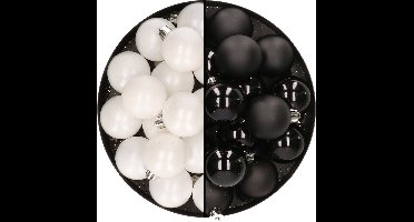 32x stuks kunststof kerstballen mix van wit en zwart 4 cm - Kerstversiering