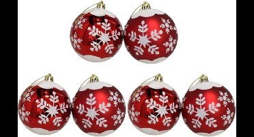 Gerimport Kerstballen - gedecoreerd - 6x st - rood - kunststof - kerstversiering