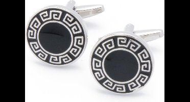 Manchetknopen - Rond Zwart met Zilver Patroon Rondom