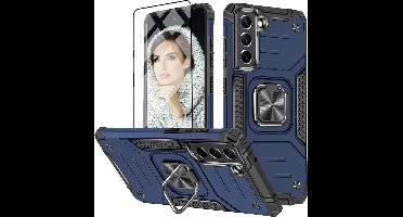 Hoesje Geschikt Voor Samsung Galaxy S22 Plus Hoesje Heavy Duty Armor Hoesje Blauw - Galaxy S22 Plus hoesje Kickstand Ring cover met Magnetisch Auto Mount - Hoesje Geschikt Voor Samsung Galaxy S22 Plus screenprotector 2 pack
