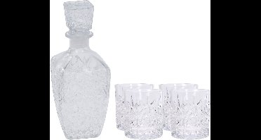 Glazen whisky/water karaf 900 ml met 4x luxe whiskyglazen 230 ml - Genieters of cadeau set