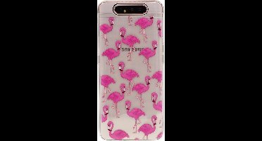 Shop4 - Geschikt voor Samsung Galaxy A80 Hoesje - Zachte Back Case Flamingo's Transparant