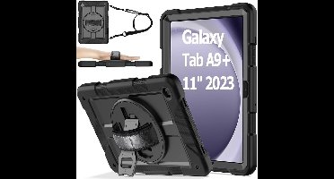 Hoes met ingebouwde Screenprotector Geschikt voor Samsung Galaxy A9 Plus hoes Extreme Armor met screenprotector, Schouderiem, Handriem en Pencilhouder hoes - voor Horeca en Bouw - Zwart