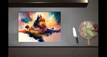 Inductieplaat Beschermer - Aquerelverf Tekening van Kasteel op Berg - 71x51 cm - 2 mm Dik - Inductie Beschermer - Bescherming Inductiekookplaat - Kookplaat Beschermer van Wit Vinyl