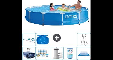 Intex Rond Frame Zwembad - 366 x 76 cm - Blauw - Inclusief Solarzeil - Onderhoudspakket - Zwembadfilterpomp - Filter - Grondzeil - Schoonmaakset - Ladder - Voetenbad