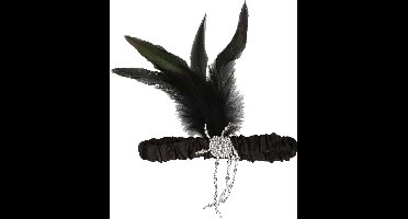 Charleston hoofdband - met pauwen veer en kraaltjes - zwart - dames - jaren 20 thema