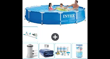 Intex Rond Frame Zwembad - 366 x 76 cm - Blauw - Inclusief Pomp Solarzeil - Onderhoudspakket - Filter - Stofzuiger