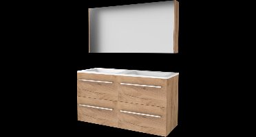Basic Comfort 46 badmeubelset met spiegelkast, wastafelonderkast met grepen, 4 lades en acryl wastafel zonder kraangaten 120 x 46 cm, whisky oak