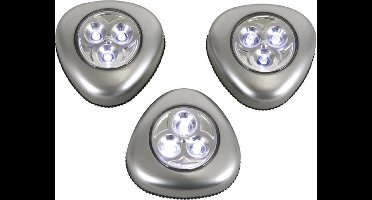 Perel Zelfklevende ledlampen, set van 3 stuks, met eenvoudige aan/uit-drukknop, 3 alkalinebatterijen, 3 leds per lichtje, draadloos, flexibele plaatsing in kast, dressing, gang, grijs
