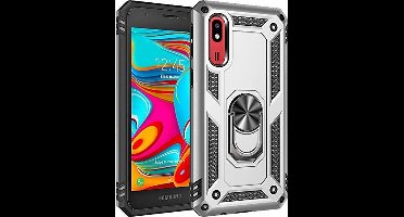 Hoesje Geschikt Voor Samsung Galaxy A2 Core Armor Hoesje Ringhouder TPU - Zilver