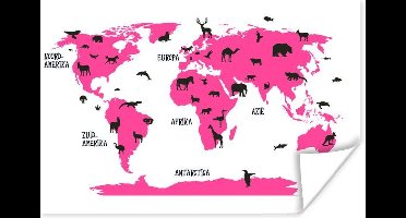 Wereldkaart Kinderen - Roze - Dieren - 30x20 cm - Poster