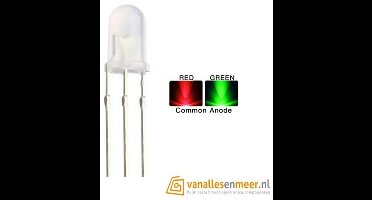 5mm Bi-Color LED – Rood/Groen – Common Anode – Diffused – 3-Pins – 10 Stuks