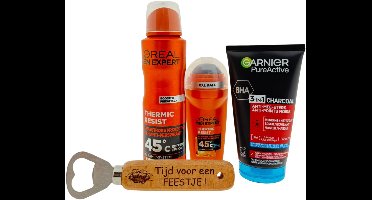 L’Oréal Men Expert & Garnier Heren Cadeauset – Deo Spray, Deo Roller & Reinigingsgel met Bieropener “Tijd voor een Feestje” – Cadeau voor Mannen