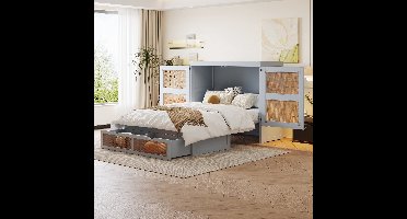 Wandgemonteerd opklapbed 140x200 cm - Lattenbodem - Rotan design - Dennenhout - Grijs - Ruimtebesparend - Ruime opbergruimte - Duurzaam materiaal - 150 kg draagvermogen