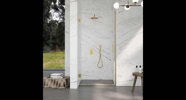 FugaFlow Eccelente Vetro Douchedeur - 60x200cm - scharnieren - deurgreep - vlak - helder veiligheidsglas - Geborsteld Messing PVD (Goud)